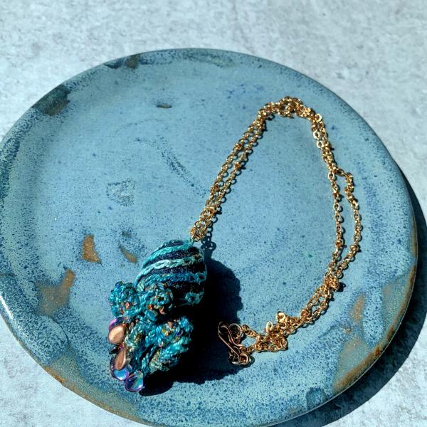 Swirling Elegance Mixed Media Pendant Necklace - Blue Turquoise Copper - Hand-dyed Thread, Silk Cocoon, Glass Beads, Embroidery, Crochet picture