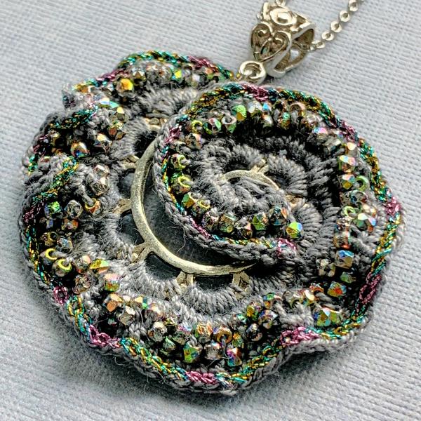 Spiral Swirl Pendant Necklace - Mixed Media - Metal Fiber Glass - Gray Silver Iridescent Vitrail - Crochet - Adjustable Length 20-22 inches - OOAK picture