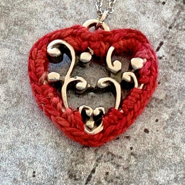 Simple Lacy Red Heart Pendant - Mixed Media - Silver Metal Filigree - Hand-Dyed Red Multicolor Thread - Adjustable Length 18-20 inches - One of a Kind picture