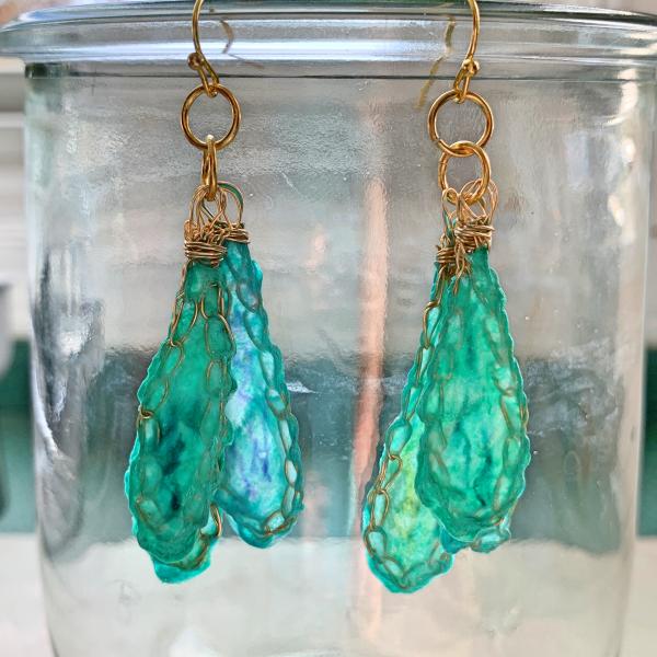 Triple Drop - Colors of the Caribbean Sea- Mixed Media Earrings - Fiber Wire Paper - Turquoise Gold Blue Green - Crochet - One of a Kind picture