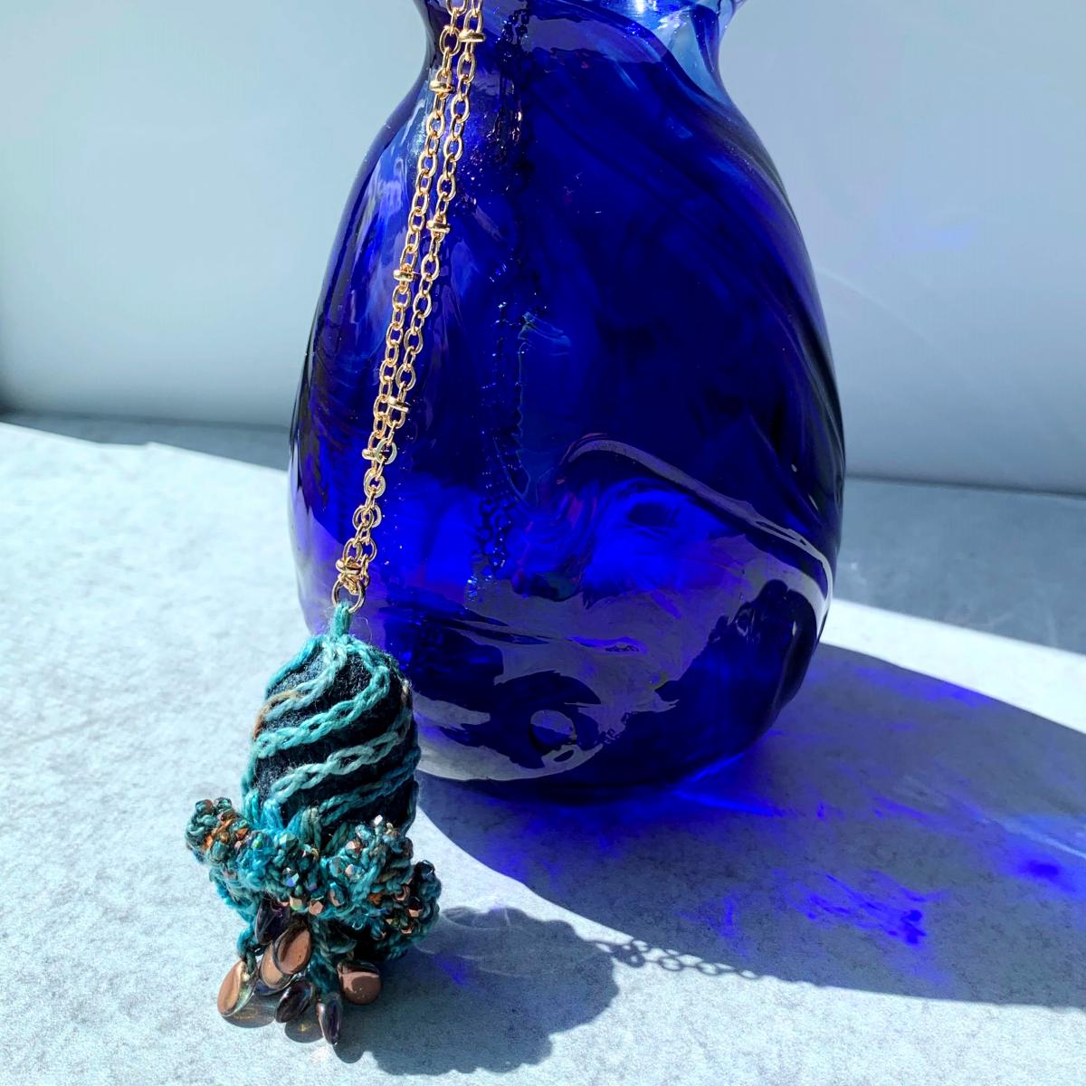 Swirling Elegance Mixed Media Pendant Necklace - Blue Turquoise Copper - Hand-dyed Thread, Silk Cocoon, Glass Beads, Embroidery, Crochet picture