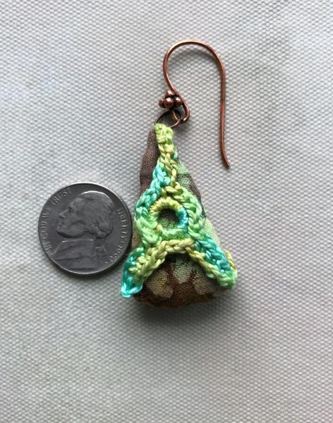 Triangle Batik Fabric and Crochet Earrings - Shades of Green - Hand Crocheted and Hand Sewn - Copper Earring Wires - One of a Kind picture