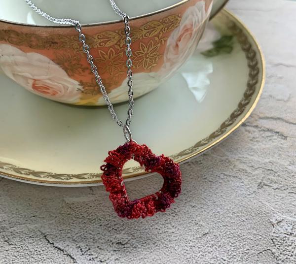 Simply Love Open Heart Pendant Necklace - Mixed Media - Fiber Metal - Small Open Silver Heart - Delicate Lacy Crochet Red Tones - Adjustable 18-19.5" picture
