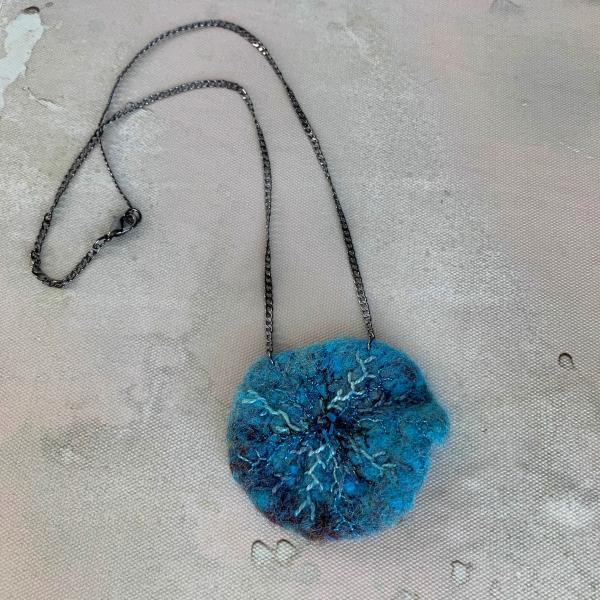 Deep Sea Embroidered Hand-Felted Wool Pendant Necklace - Greens, Blues, Teal - Hand-dyed and Metallic Threads -  Fine Shiny Gun Metal Chain picture