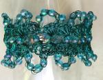 Crochet Beaded Wire and Fiber Lacy Cuff Bracelet with Glass Beads - Aqua, Turquoise, Teal - 7 1/2 inches long, 1 1/2 inches wide