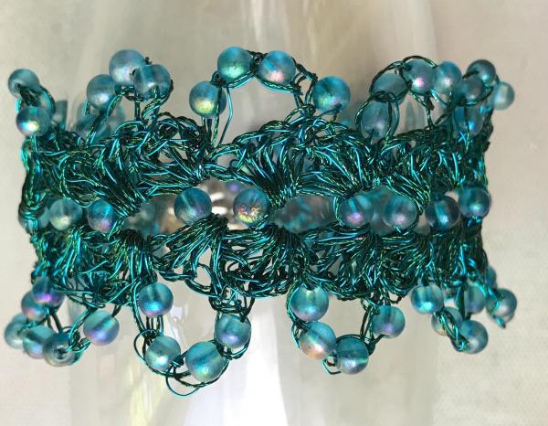 Crochet Beaded Wire and Fiber Lacy Cuff Bracelet with Glass Beads - Aqua, Turquoise, Teal - 7 1/2 inches long, 1 1/2 inches wide picture