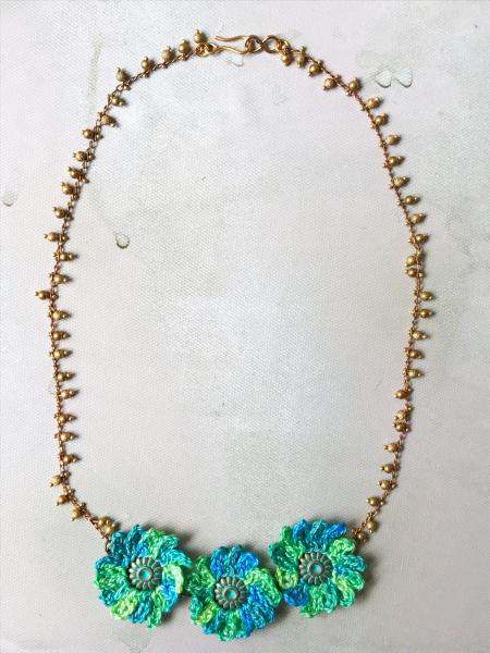 Turquoise Blue Green Crochet Mixed Media Flower Statement Necklace - Embellished Brass Chain - Verdigris Patina picture