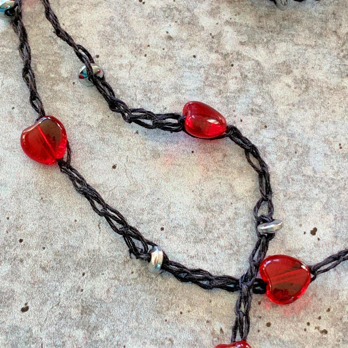 Simple Strand - Crochet Black Linen Chain Embellished with Red Glass Hearts and Silver Metal Disc Beads - 82 inch - Continuous Circle - Wrap picture