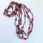 Simple Strand - Crochet Black Linen Chain Embellished with Red Glass Hearts and Silver Metal Disc Beads - 82 inch - Continuous Circle - Wrap
