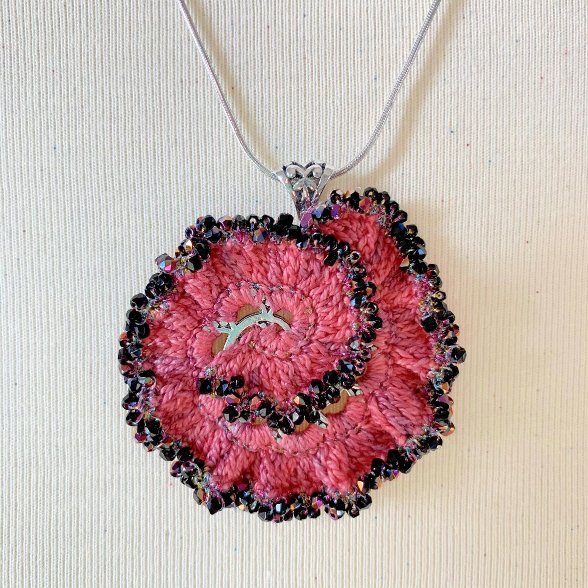 Curly Girl Spiral Swirl Pendant Necklace - Mixed Media - Metal Fiber Glass - Coral Hand-Dyed Thread, Metallic Wine Glass Beads - Crochet - OOAK picture