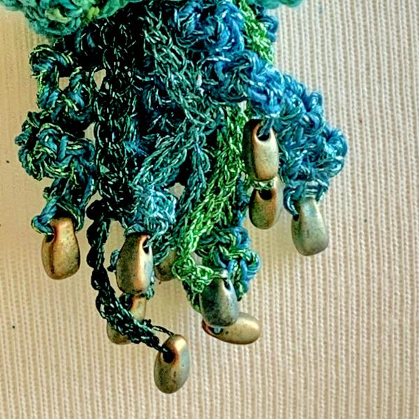 Jellyfish Pendant Necklace - Multimedia - Fiber, Metal, Glass Beads - Blue, Green, Turquoise - Crochet - Adjustable Length - One of a Kind picture