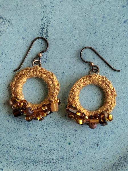 Beaded Golden Brown Linen Circular Ring Drop Earrings - One of a Kind picture