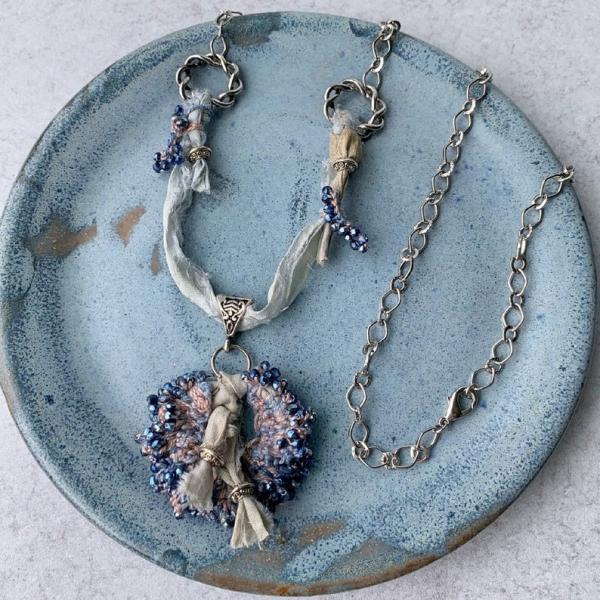 Stormy Skies Mixed Media Boho Pendant Necklace - Recycled Sari Silk, Hand-Dyed Thread, Glass Beads, Antique Silver - Slate Sand Gray Blue picture