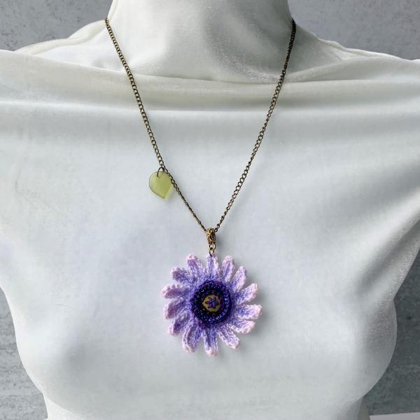 Blue Violet Purple Hand-Painted Flower Pendant Necklace - Mixed Media - Embroidery - Bead Crochet - Glass Leaf - 20 inch Brass Chain - OOAK picture