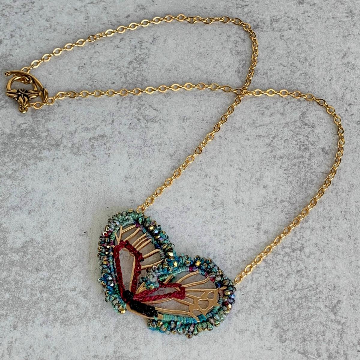 Butterfly Wing Necklace - Mixed Media - Gold Chain - Fiber Metal Glass - Blue Green Teal Garnet Black - Iridescent Glass Beads - Crochet Embroidery picture