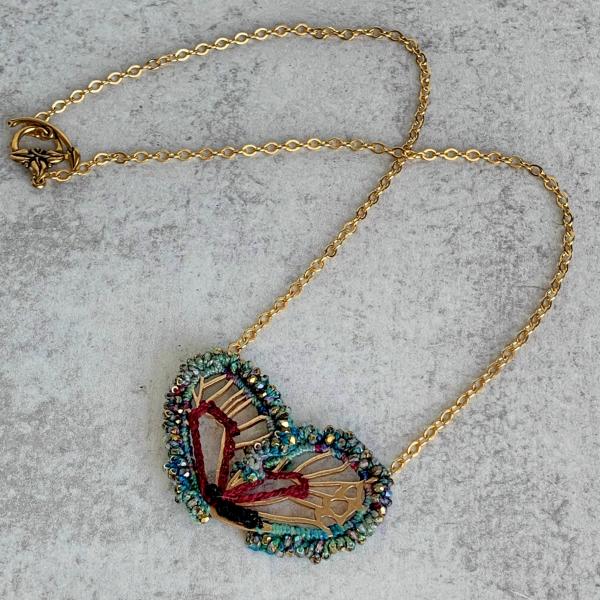 Butterfly Wing Necklace - Mixed Media - Gold Chain - Fiber Metal Glass - Blue Green Teal Garnet Black - Iridescent Glass Beads - Crochet Embroidery picture