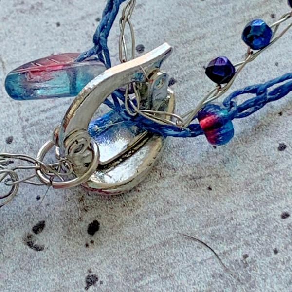 Swirl Spiral Ammonite Pendant Necklace - Multi Strand - Blue Purple Silver - Mixed Media - Crochet Glass Beads Paper Wire - One of a Kind picture