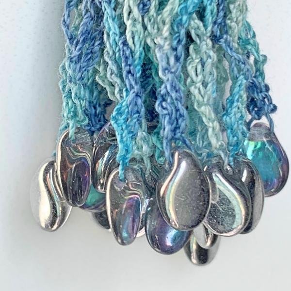 Sky Fringe Earrings - Mixed Media: Metal, Fiber, Glass - Blue Aqua - Iridescent Silver Aqua Rain Drop Glass Beads - Hand-Dyed Cotton Thread - OOAK picture
