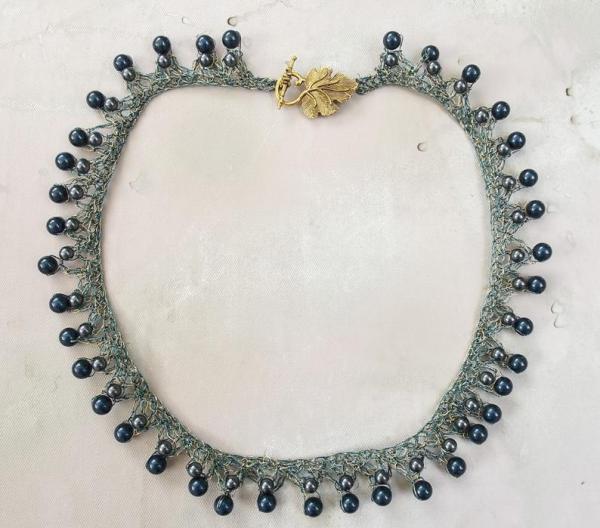 Teal and Brass Crochet Beaded Collar Necklace with Swarovski Crystal Peals - One of a Kind Statement Necklace picture