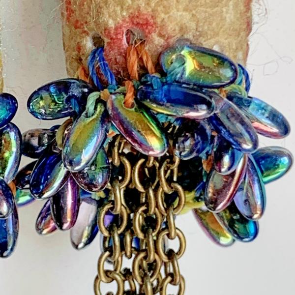 Carnivale Drop Dangle Earrings - Mixed Media - Multi Color Silk Cocoons - Brass Chain - Iridescent Blue Iris Glass Beads - Hook Earring Wires picture