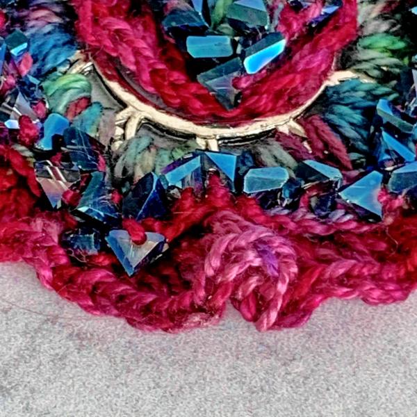 Curly Girl Spiral Swirl Pendant Necklace - Mixed Media - Metal Fiber Glass - Vibrant Red Magenta Fuschia - Teal Glass Beads - Crochet - OOAK picture