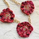 Hearts and Flowers Mixed Media Necklace - Fiber and Metal - Red Multicolor - Gold Chain - Heart Toggle Clasp - 19 1/2 inches - One of a Kind
