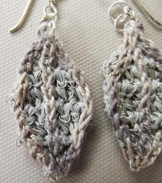 Tone on Tone Crochet Embroidered Leaf Earrings - Natural Shades - Beige Tan Taupe - Silver Wires - One of a Kind picture