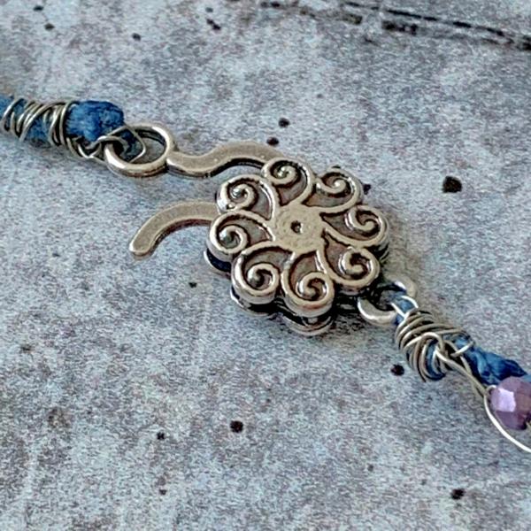 Swirl Spiral Ammonite Pendant Necklace - Multi Strand - Blue Purple Silver - Mixed Media - Crochet Glass Beads Paper Wire - One of a Kind picture