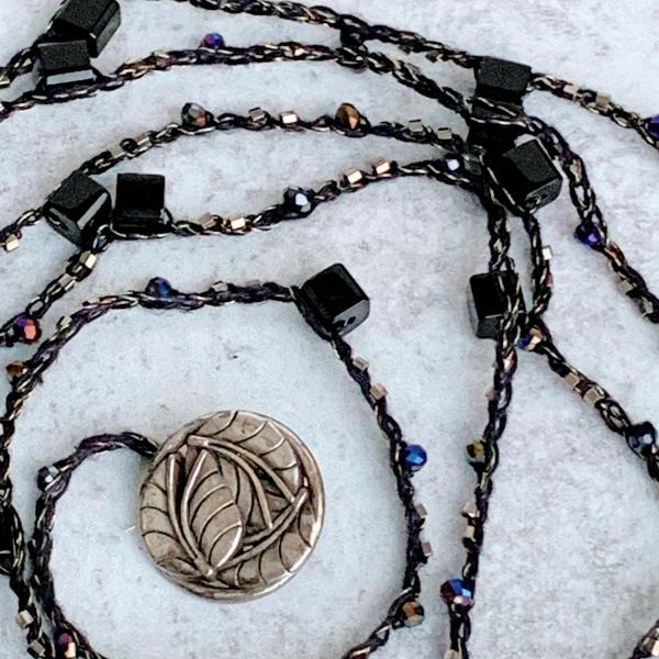 Leaf Goddess Wrap Necklace - Black, Antique Silver, Gunmetal, Gold - Iridescent Glass Beads - Crochet - Loop and Button Close - OOAK picture