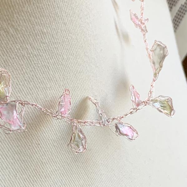 Whispering Petals Mixed Media Necklace - Subtle Pinks, Pale Green, White - Rose Gold Wire - Lightweight - One of a Kind - 19 inch - floral picture