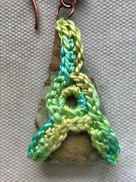 Triangle Batik Fabric and Crochet Earrings - Shades of Green - Hand Crocheted and Hand Sewn - Copper Earring Wires - One of a Kind picture