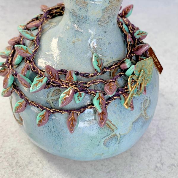 Turquoise Lavendar Gold Glass Leaves Wrap Bracelet or Necklace - Crochet - Inspire Charm - OOAK picture