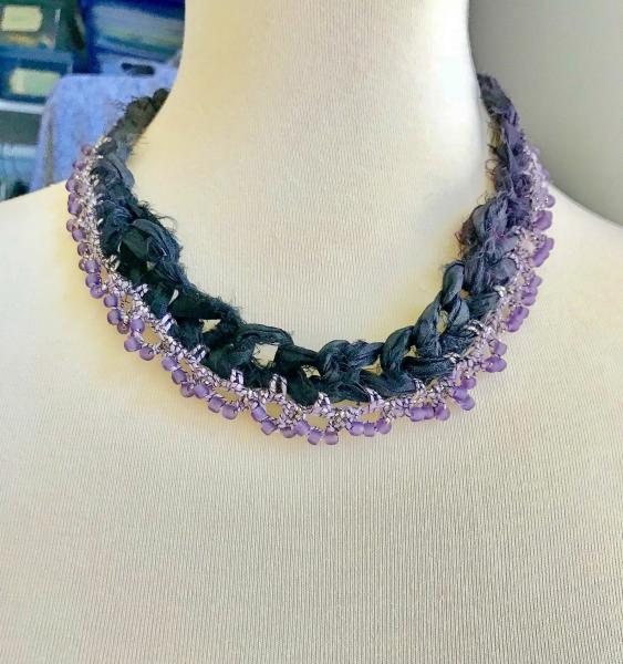 Recycled Sari Silk Necklace - Eggplant Purple - Hand Crochet - Lavender Glass Beads - One of a Kind picture