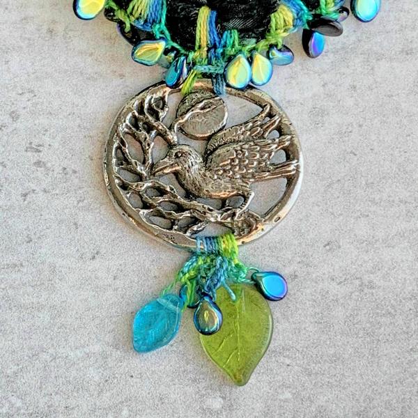 Pewter Raven Pendant Mixed Media Necklace - Black Blue Green - Silver Chain, Glass Beads, Sari Silk - Crochet -20 inch picture