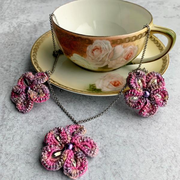 Cherry Blossoms Necklace - Mixed Media - Pink/Purple - 3 Crochet Embellished Silver Metal Flowers - Hand Dyed Cotton Thread - Glass Beads picture