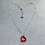 Simply Love Open Heart Pendant Necklace - Mixed Media - Fiber Metal - Small Open Silver Heart - Delicate Lacy Crochet Red Tones - Adjustable 18-19.5"