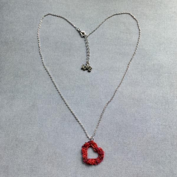 Simply Love Open Heart Pendant Necklace - Mixed Media - Fiber Metal - Small Open Silver Heart - Delicate Lacy Crochet Red Tones - Adjustable 18-19.5" picture