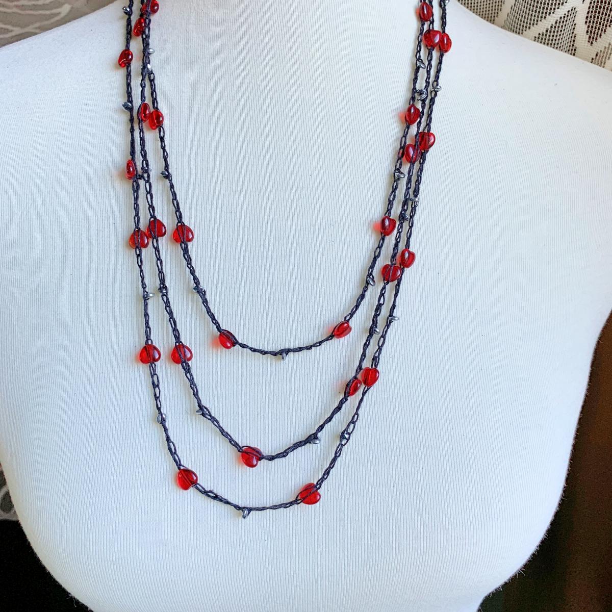 Simple Strand - Crochet Black Linen Chain Embellished with Red Glass Hearts and Silver Metal Disc Beads - 82 inch - Continuous Circle - Wrap picture