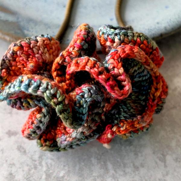 Multicolor Ruffle Spiral Fiber Necklace - Crochet - Brass Snake Chain - Blue, Coral, Red - 20 inches - One of a Kind picture