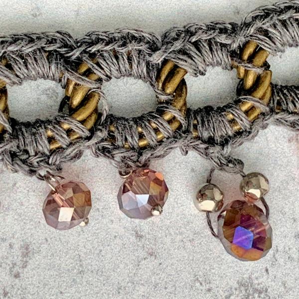 Mixed Media Large Link Chain Necklace - Taupe Gray Linen Crocheted on a Brass Chain with Smoky Amethyst Gray Iridescent Fire-Polished Beads picture