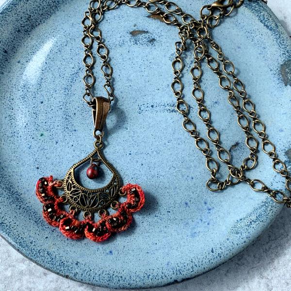 Filigree Flames Pendant Necklace - Hand-Dyed Thread in Shades of Red and Orange Crocheted into an Antique Brass Filigree Drop Pendant - OOAK picture