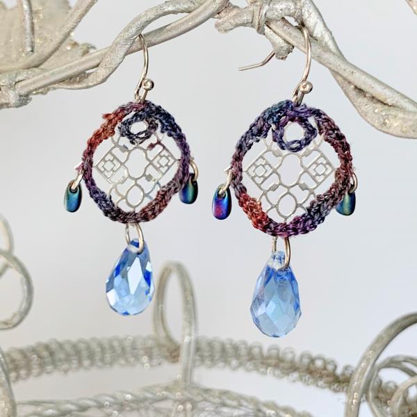 Modern Silver Filigree Mixed Media Earrings - Fiber Metal Glass - Blue Crystal Drops - Crochet - Glass Beads - Mauve Slate - OOAK