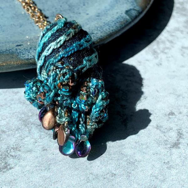 Swirling Elegance Mixed Media Pendant Necklace - Blue Turquoise Copper - Hand-dyed Thread, Silk Cocoon, Glass Beads, Embroidery, Crochet picture