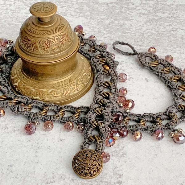 Mixed Media Large Link Chain Necklace - Taupe Gray Linen Crocheted on a Brass Chain with Smoky Amethyst Gray Iridescent Fire-Polished Beads picture
