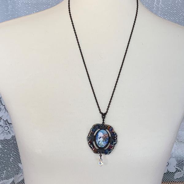 Clive "Mermaid" Vintage Pendant Necklace - Mixed Media - Glass Cabochon - Black Brass Setting and Chain - Multicolor - Beaded Crochet - OOAK picture