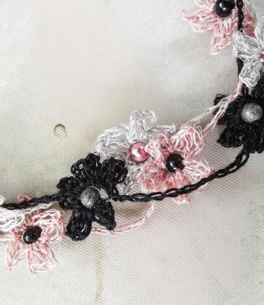 Multi Strand Crochet Flower Necklace in Pink, Black, and Silver - One of a Kind - Garlands of Flowers picture