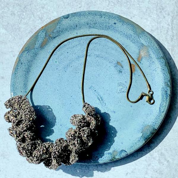 Sparkling Spiral Ruffle Necklace - Taupe Black Silver Gold - Cotton Linen Metallic Blend Thread - Antique Brass Snake Chain - One of a Kind