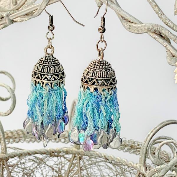 Sky Fringe Earrings - Mixed Media: Metal, Fiber, Glass - Blue Aqua - Iridescent Silver Aqua Rain Drop Glass Beads - Hand-Dyed Cotton Thread - OOAK picture