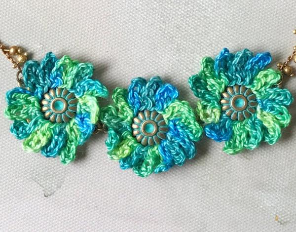 Turquoise Blue Green Crochet Mixed Media Flower Statement Necklace - Embellished Brass Chain - Verdigris Patina picture
