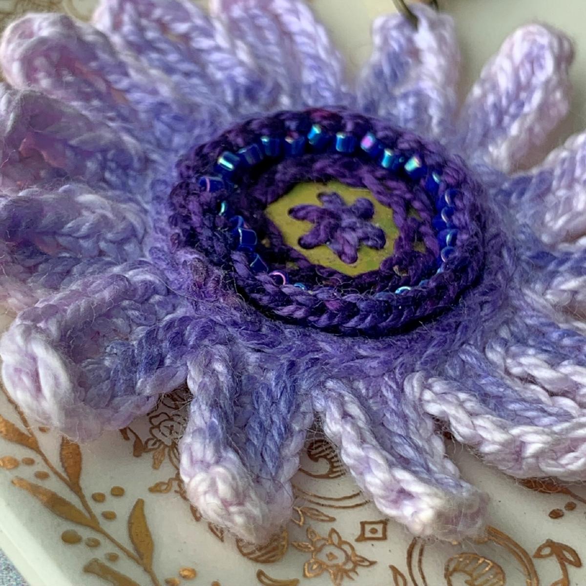 Blue Violet Purple Hand-Painted Flower Pendant Necklace - Mixed Media - Embroidery - Bead Crochet - Glass Leaf - 20 inch Brass Chain - OOAK picture